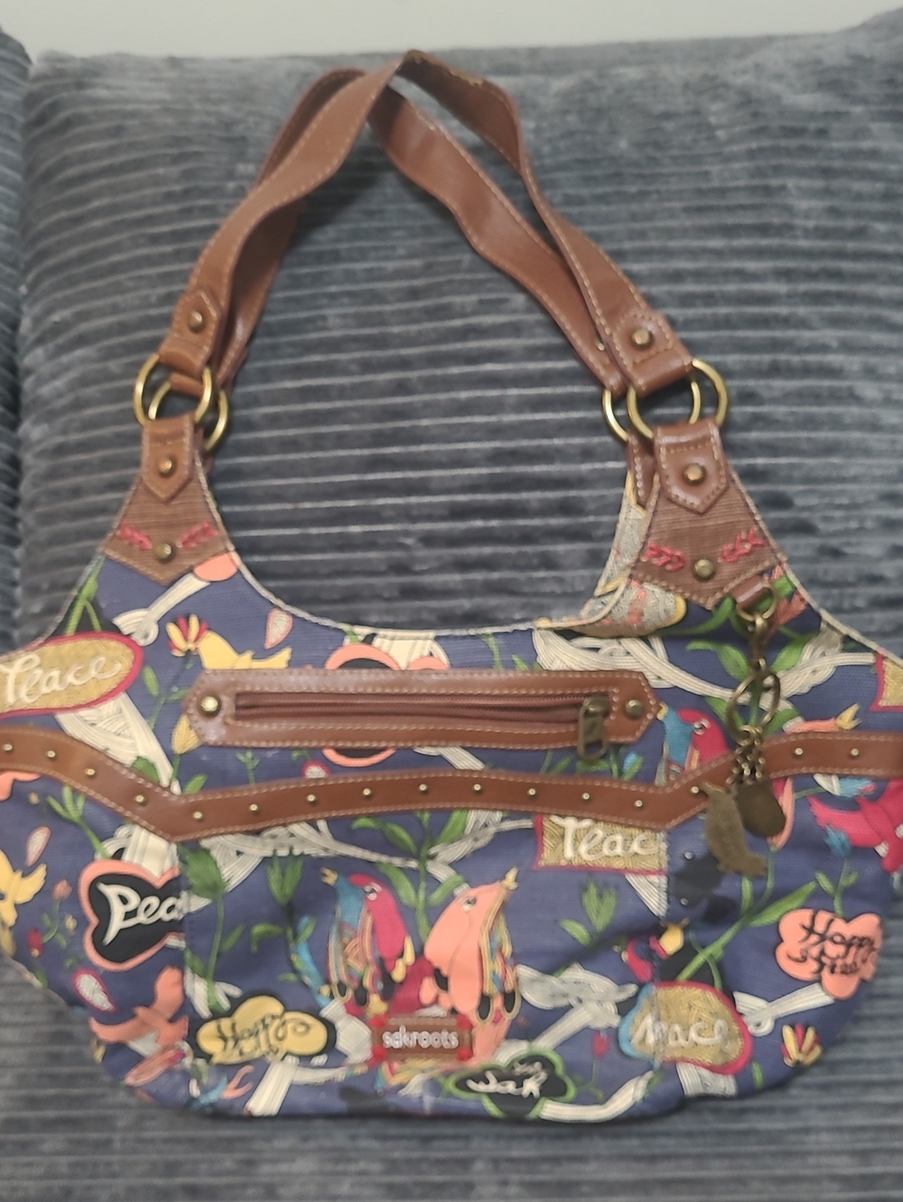 Sakroots Printed Navy Floral Shoulder Bag with Brown Trim